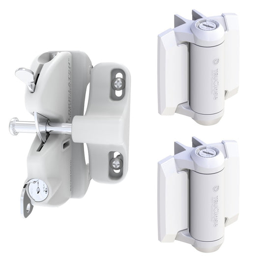 D&D LokkLatch gate latch and TrueClose hinges kit in white