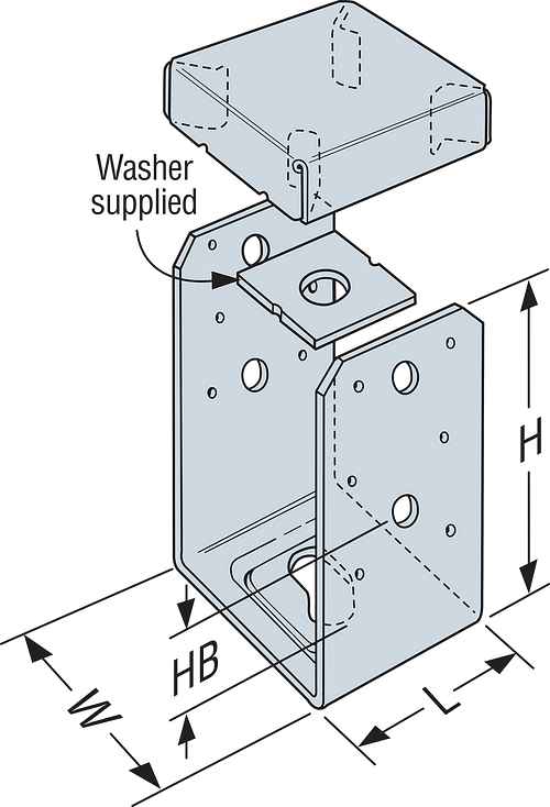 Simpson Strong-Tie ABU post base diagram with dimensions and supplied washer