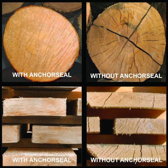 Log ends and lumber with Anchorseal compared to without Anchorseal, showing cracking on untreated wood