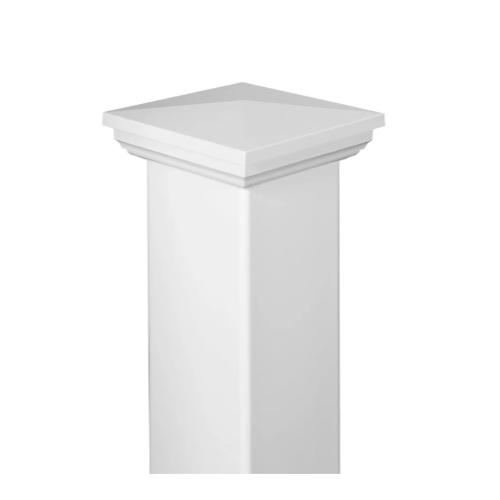 Top of a white Deckorators composite post sleeve with post cap