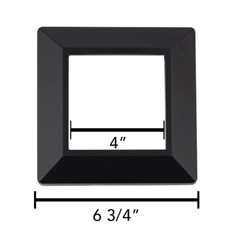 Deckorators aluminum post base trim dimensions: 4 inch opening, 6-3/4 inch outside