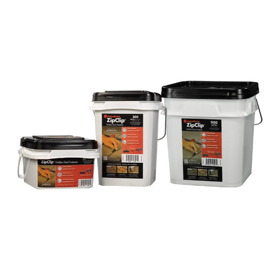 FastenMaster Zip System clip packs in three tub sizes