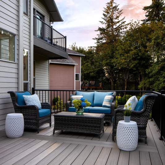 Grey Fiberon Promenade deck with blue cushioned seating