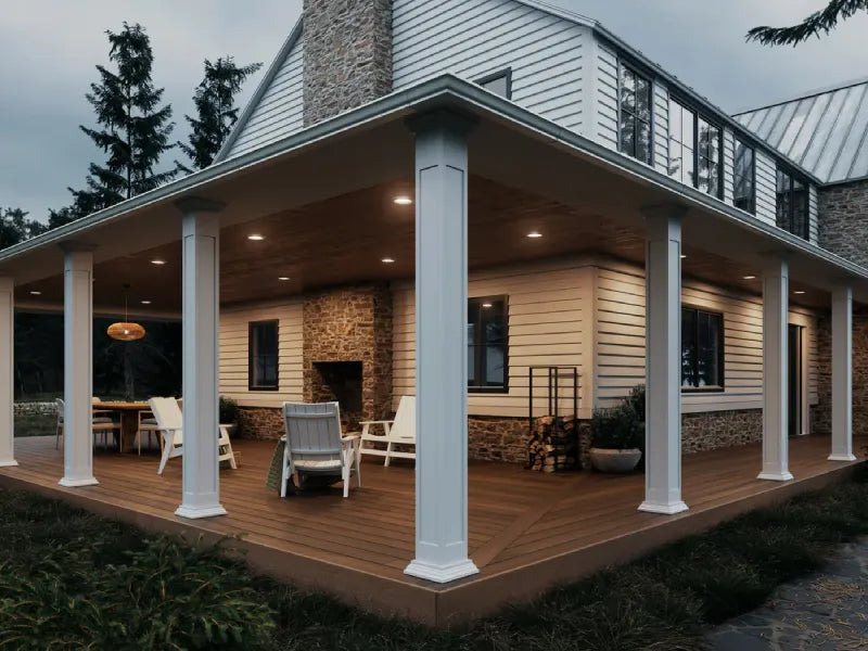 Charming wraparound porch with Fiberon Concordia Astir composite decking and cozy outdoor seating.