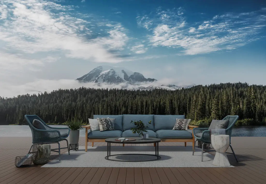 Fiberon Promenade decking in Sandy Reef finish with a peaceful outdoor setting and comfortable seating.
