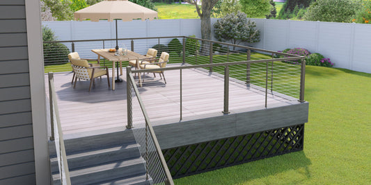 Raised deck with Keylink black horizontal cable railing and stairs