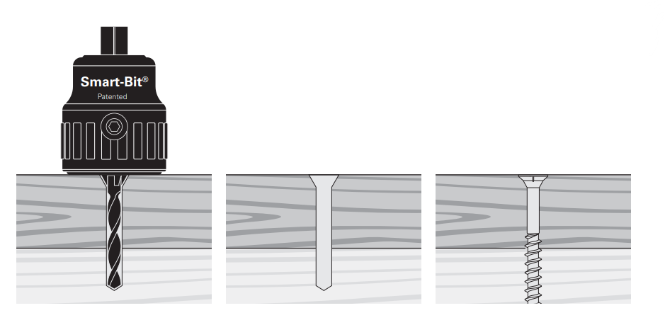Starborn Smart-Bit tool with diagram of predrilled and countersunk hardwood boards