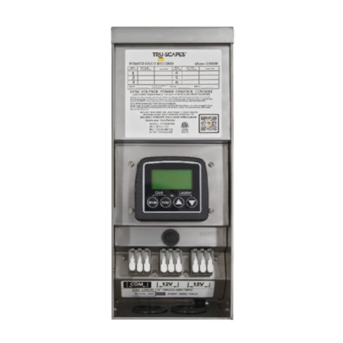 Tru-Scapes 200 watt transformer with cover open showing digital timer
