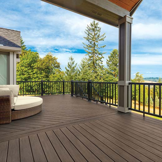 Covered mountain view deck with TimberTech Edge Premier decking and black railing