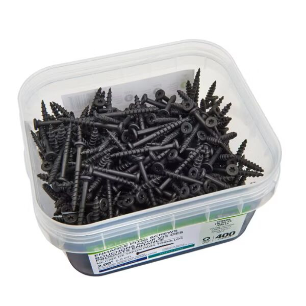 Open 400 count tub of Trex Enhance black plug system screws