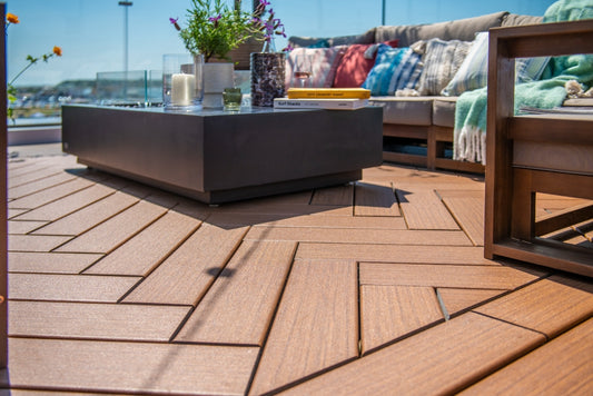 Trex Signature Ocracoke deck boards in a geometric pattern with fire table