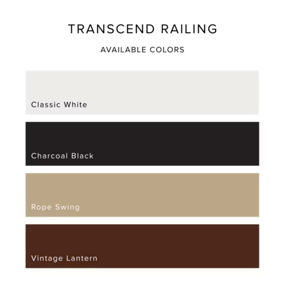 Trex Transcend railing available colors: Classic White, Charcoal Black, Rope Swing, Vintage Lantern