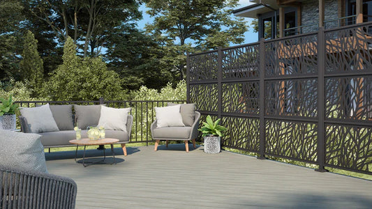 Deckorators privacy screens on a deck with outdoor seating