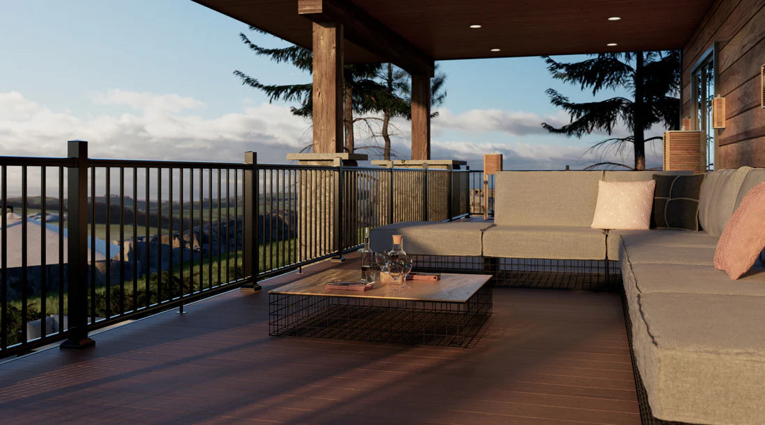 Fiberon composite decking, with modern outdoor seating, and black railings