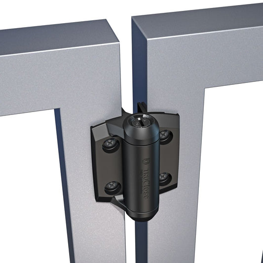 TrueClose hinge installed on a white aluminum gate