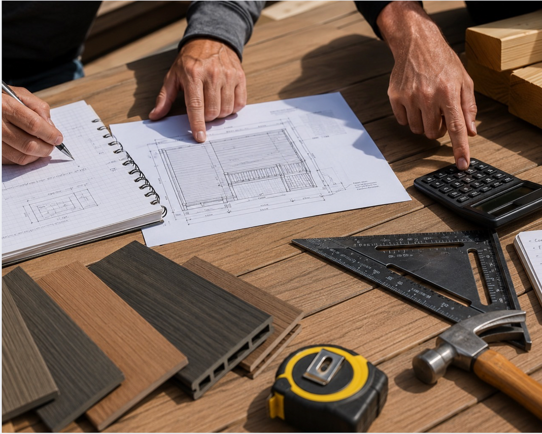 Hands reviewing a deck plan with composite decking samples, a calculator, tape measure, and hammer on a wood table.