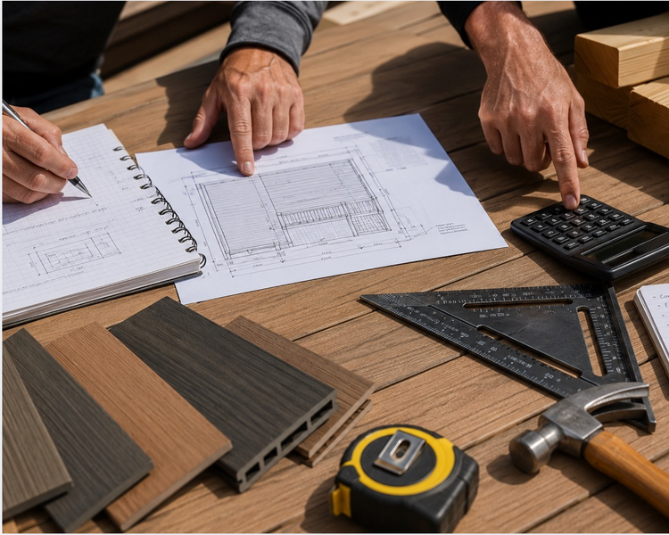 Hands reviewing a deck plan with composite decking samples, a calculator, tape measure, and hammer on a wood table.