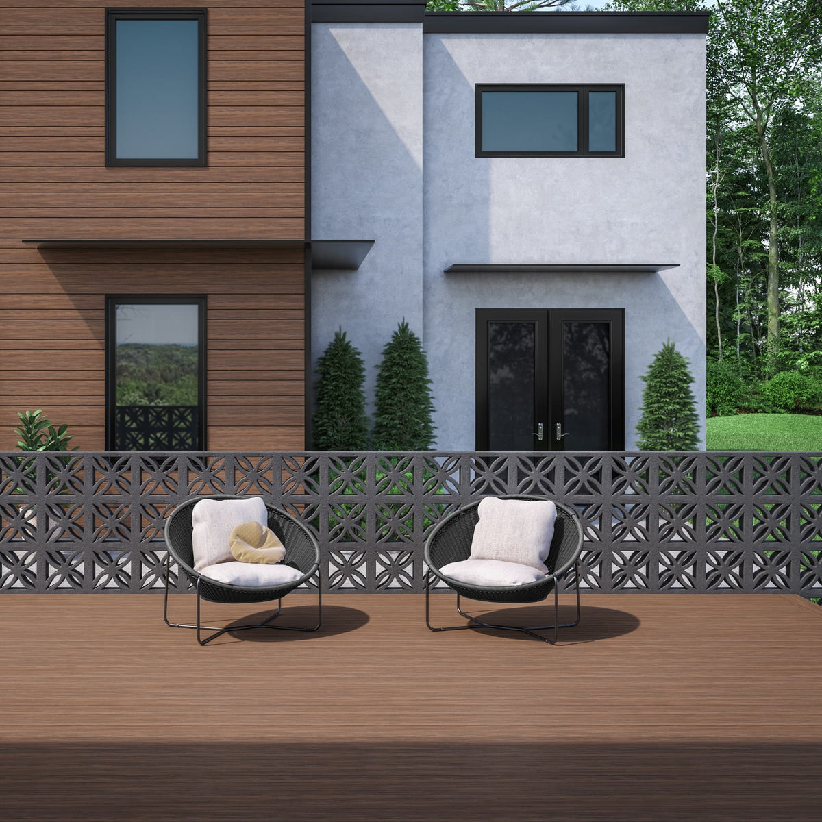 Modern house exterior with two chairs on a wooden deck