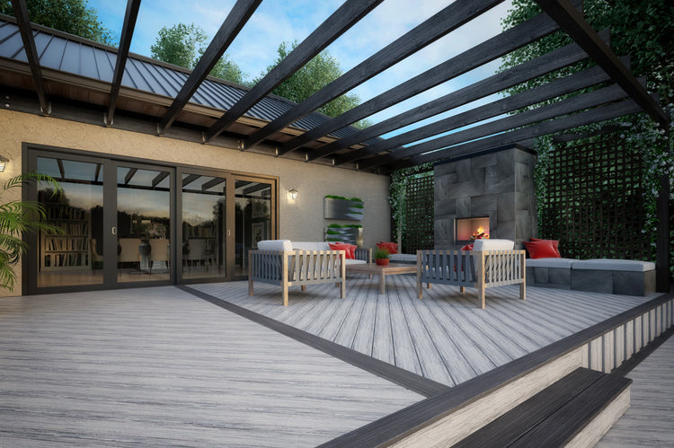 Outdoor patio with wooden deck, pergola, and outdoor furniture.
