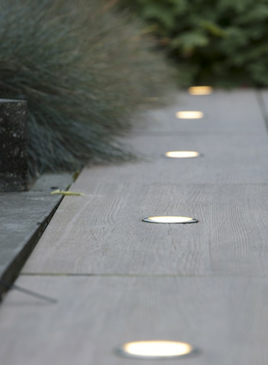Pathway with embedded lights and greenery on either side