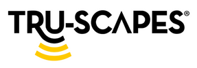 TRU-SCAPES logo with black text and yellow wave symbol on a white background
