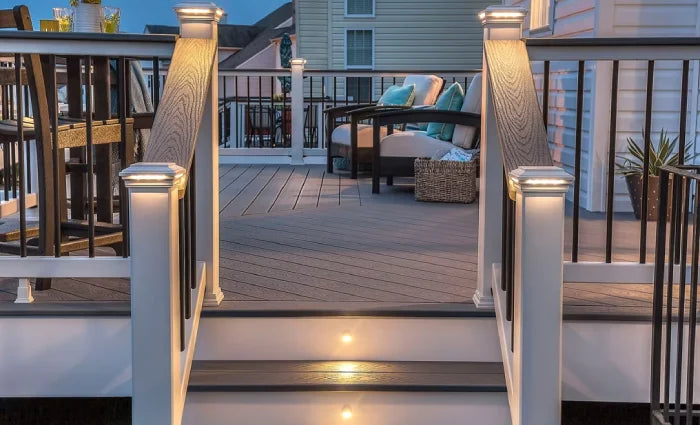 Close up of trex decking recessed and post cap lighting