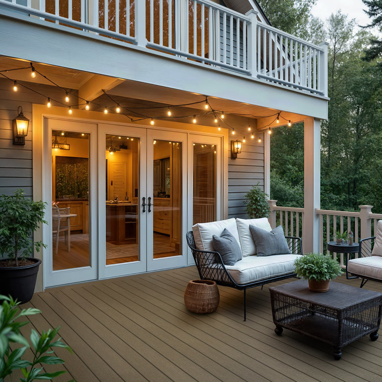 Outdoor deck with patio furniture, string lights, and a view into a home.